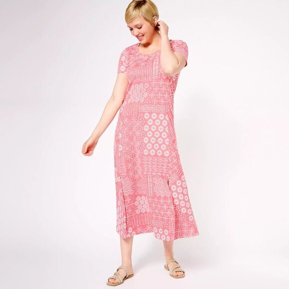 Cuddl Duds Flexwear Short Sleeve Patchwork Coral Pink Casual Maxi Dress - Picture 1 of 7